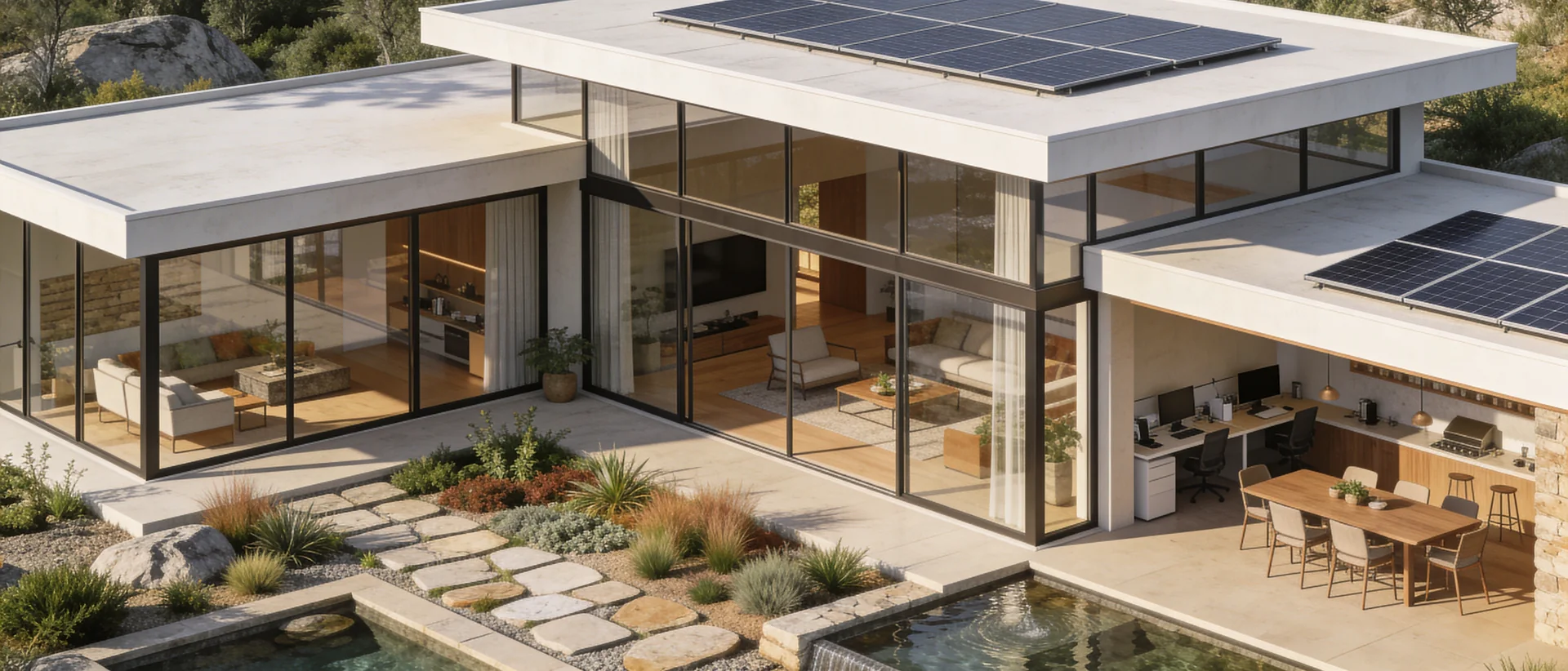 Modernist Open-Plan Villa with Stepping Stone Water Garden